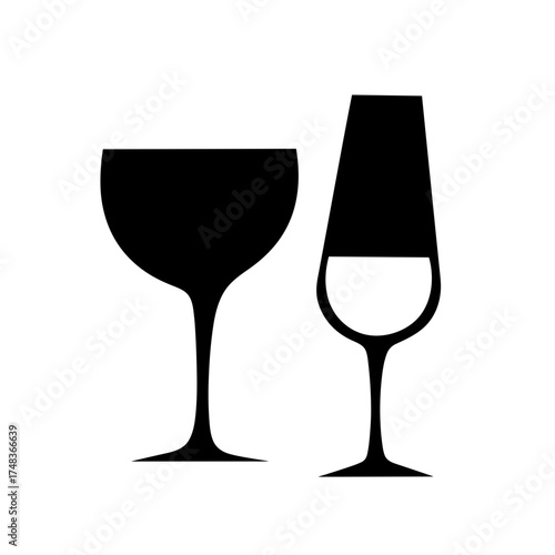 Black silhouette of wine glass and champagne flute on transparent background  