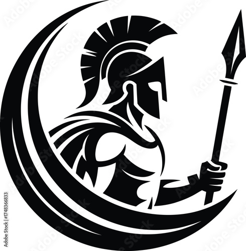 Ancient spartan warrior head with spear and crescent black silhouette on transparent background