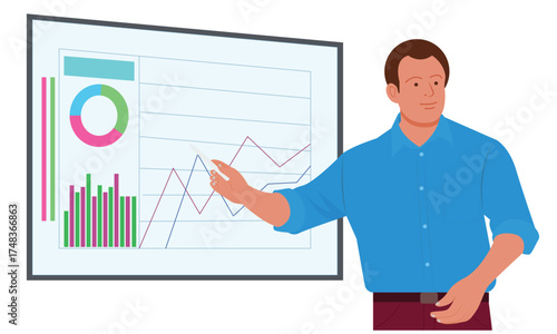 Business meeting leader presenting planning at office, business illustration