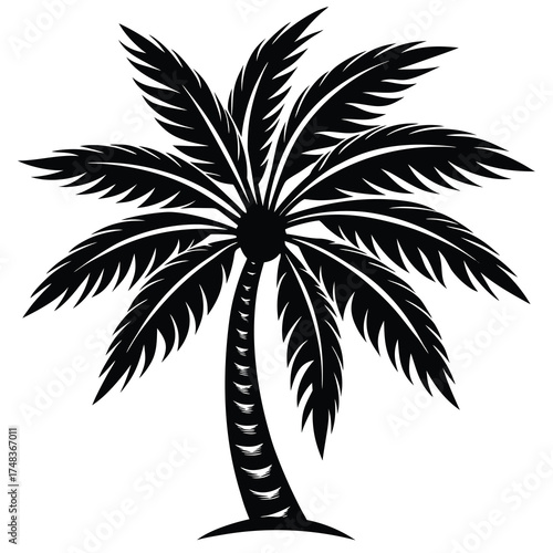 Tropical silhouette of a palm tree against a vibrant sunset sky with subtle gradients and clean lines