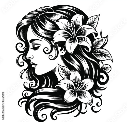 Elegant woman s face with lilies floral design on transparent background silhouette
