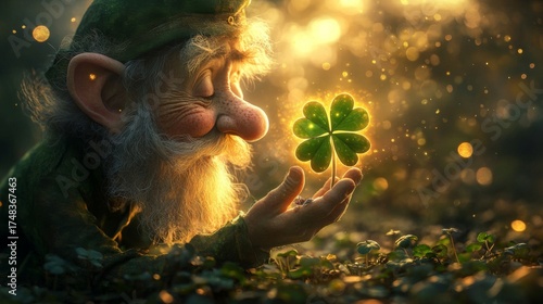 A leprechaun gently holds a glowing four leaf clover