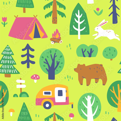 Doodle forest camping pattern. Seamless vector print with woodland camp.