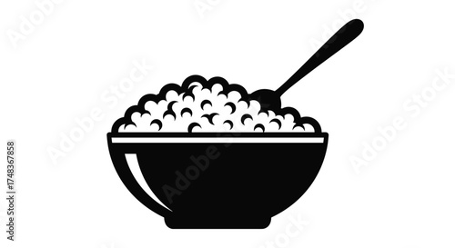 Stylized Bowl of Food Icon with Spoon, Black and White Vector Graphic for Food, Cooking, and Nutrition-Related Content and Design Projects.