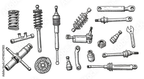 Hand drawn mechanical parts and tools collection in monochrome style