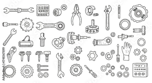 Hand-drawn tool collection: wrenches, gears, and more for mechanical projects