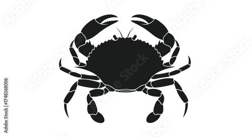 Black Crab Silhouette Illustration for Seafood Cuisine, Coastal Designs, and Marine Biology, isolated crab image for artistic and commercial use with claws and legs.