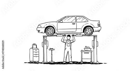 Mechanic operating hydraulic lift with car in garage workshop scene
