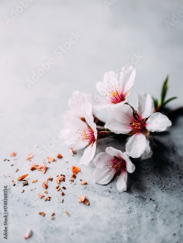 Cherry blossom petals on gray background