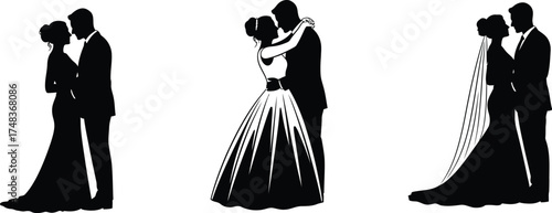 Set of three elegant black silhouettes of a bride and groom in romantic wedding poses on a white background.
