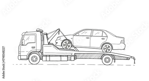 Outline drawing of tow truck transporting car on road