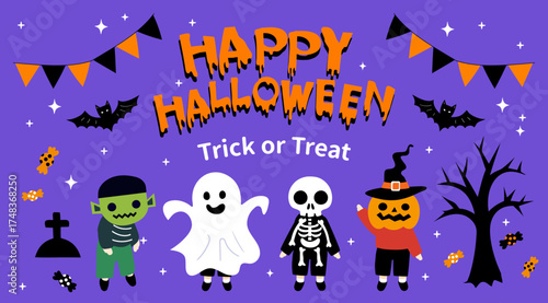 Halloween elements child  illustration collection in flat design cute candy banner