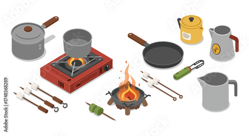 Isometric camping cookware with campfire and cooking utensils for outdoor adv…