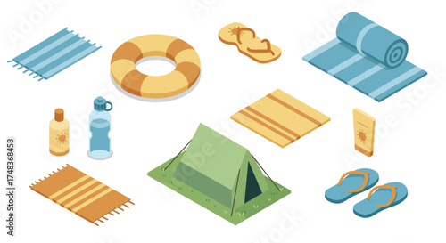 Essential camping gear and beach accessories in isometric style for outdoor a…