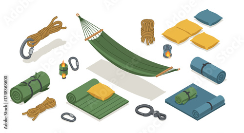 Outdoor camping essentials with hammock and gear in isometric style