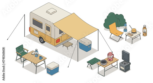 Isometric camper setup with camping gear and furniture