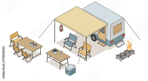 Isometric camping setup with caravan, chairs, and campfire in outdoor scene