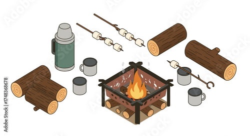 Isometric camping essentials with campfire and marshmallows
