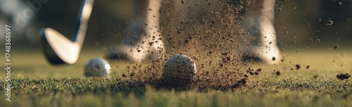 Golf ball struck, kicking up dirt