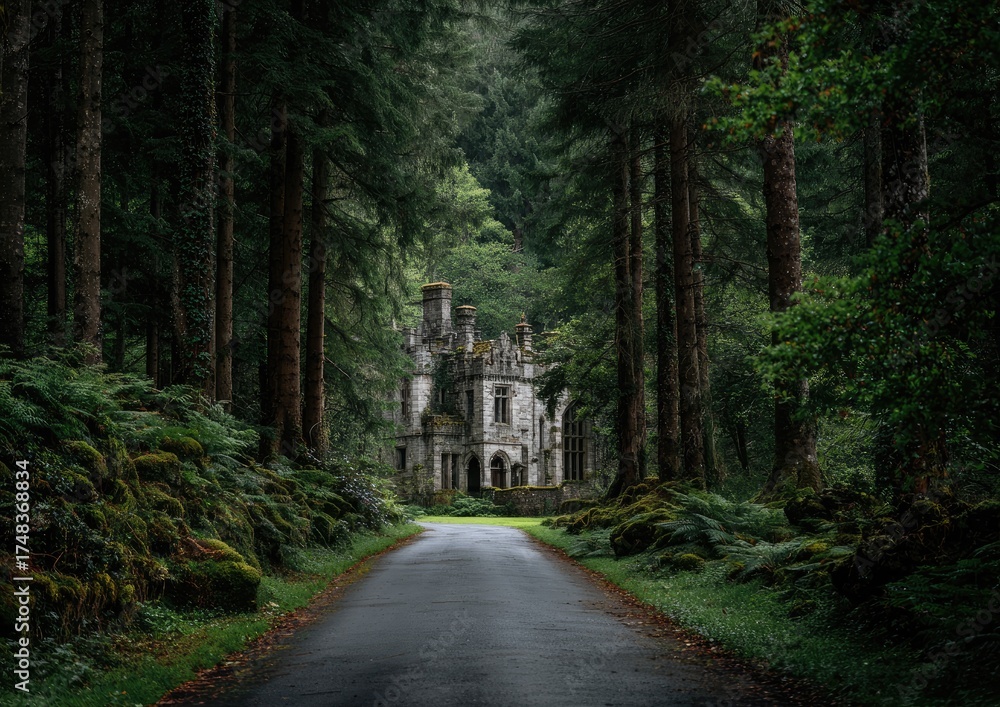 Fototapeta premium Mysterious forest path to old mansion