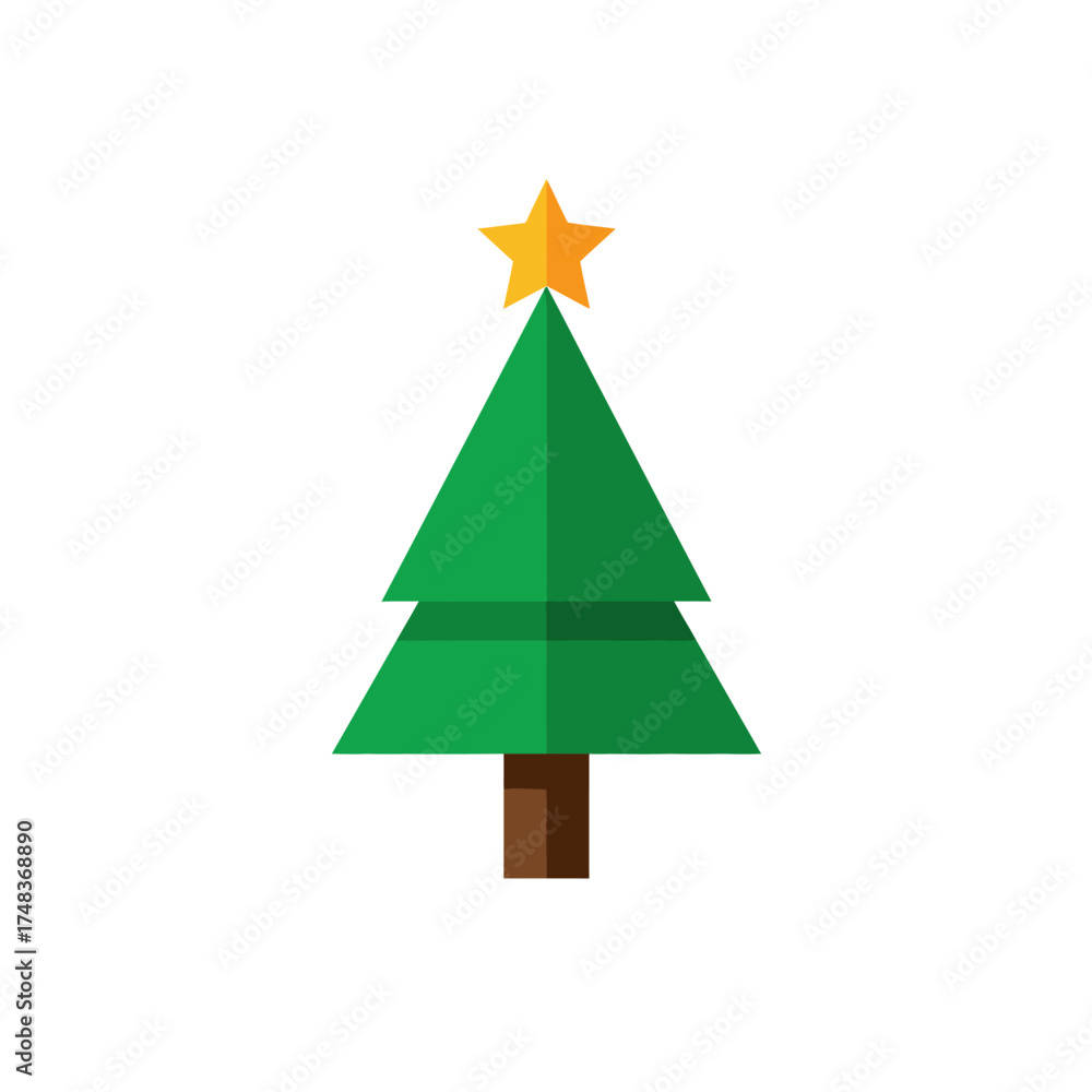 Obraz premium This charming flat design illustration features a festive green Christmas tree, beautifully adorned with a bright golden star, symbolizing joy and holiday spirit.