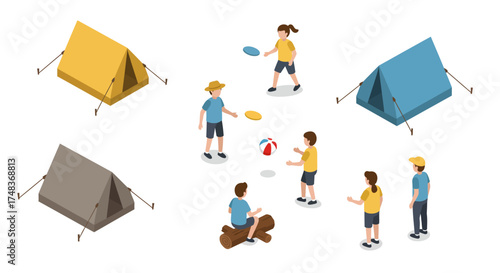 Isometric camping scene with tents and people playing outdoor games