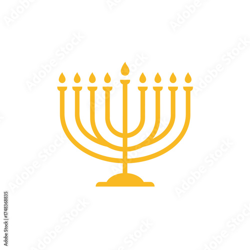 A radiant golden menorah icon, symbolizing the Jewish festival of Hanukkah and its traditions, stands out against a clean white background.