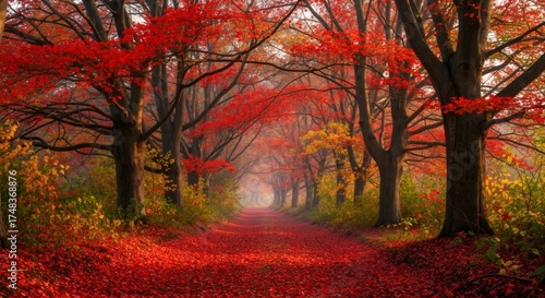 Serene pathway through crimson forest with autumn foliage  