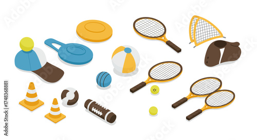 Colorful isometric sports equipment collection: tennis, beach, and more