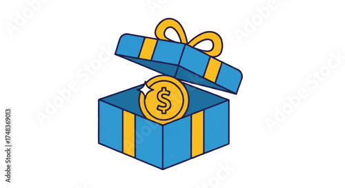 Illustration of a blue gift box with a gold coin and ribbon on a white background, symbolizing a financial reward or savings.