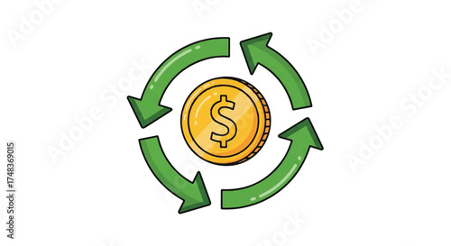 Illustration of a gold dollar coin surrounded by three green curved arrows on a white background with a focus on finance and recycling.