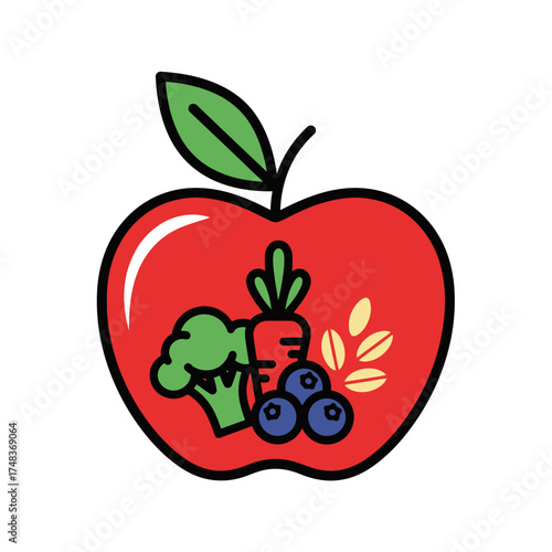 Vibrant red apple bursts with healthy fresh broccoli, carrots, blueberries, and grains, symbolizing wholesome nutrition and vibrant living.