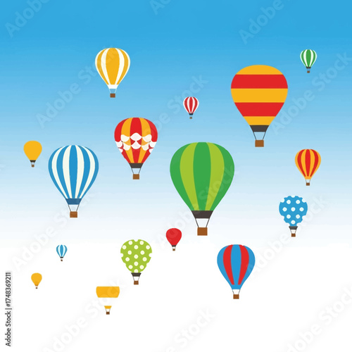 Vibrant hot air balloons ascend into a clear blue sky, symbolizing adventure, freedom, and boundless possibilities for travel and dreams.