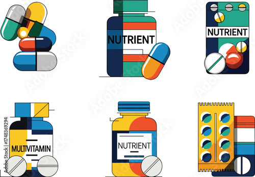 Abstract Geometric Vector Icon Collection of Multi Vitamin Complex with Capsules, Tablets, Bottles, and Supplement Packaging in Modern Shapes.