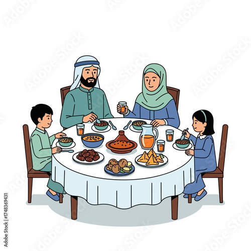 Joyful Muslim family shares traditional meal around a festive table, celebrating togetherness and cultural heritage with delicious food and warm smiles.