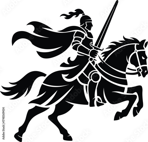 Medieval knight riding a horse in dynamic pose on transparent background silhouette