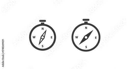 Minimalist compass icons depicting navigation and direction with north, south…