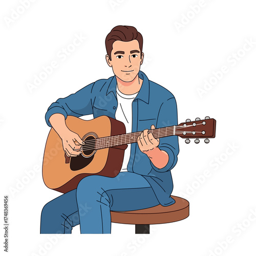 Young man strumming acoustic guitar, creating vibrant melodies and joyful tunes for a relaxed, creative session.