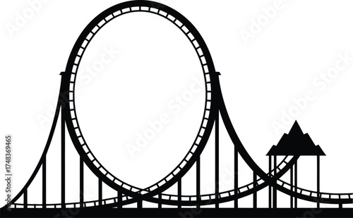 Black roller coaster graphic with a large loop on transparent background silhouette