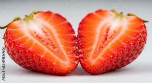 A halved strawberry showing its juicy red interior and seeds, presented on a white surface.