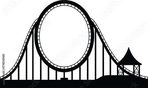 Black roller coaster with a large loop perfect for design on transparent background silhouette