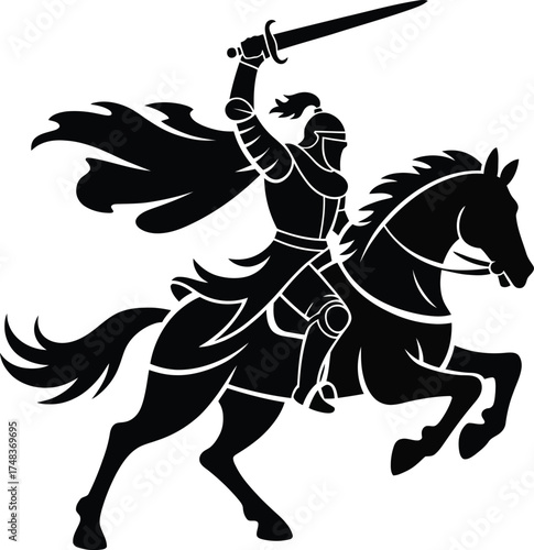 Medieval knight riding a horse with a raised sword on transparent background silhouette
