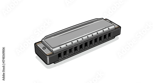 Realistic harmonica on white background: musical instrument art