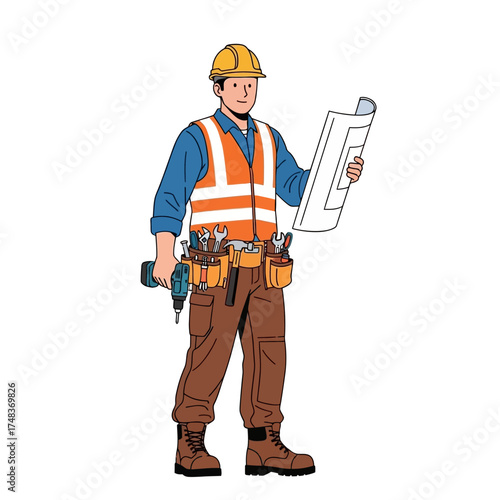 Professional construction worker confidently reviewing blueprints with tools and drill ready for project success