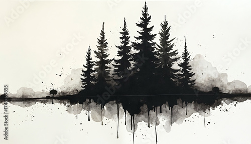 Wallpaper Mural Evergreen Trees Silhouette with Ink Splatters Torontodigital.ca
