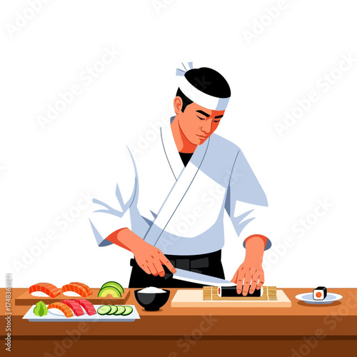 Skilled chef meticulously prepares fresh sushi, showcasing culinary artistry and delicious ingredients for a vibrant dining experience