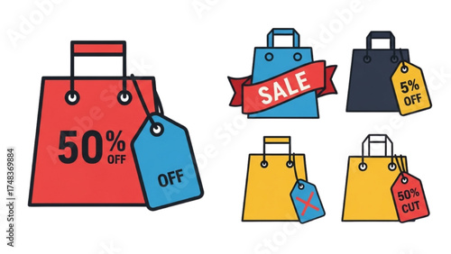 Minimalist Shopping and Sale Vector Icons – Colorful Flat Design of Bags, Price Tags, Discounts, and Ribbons