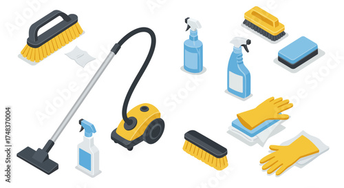 Essential cleaning supplies isometric set with vacuum, brushes, and sprays