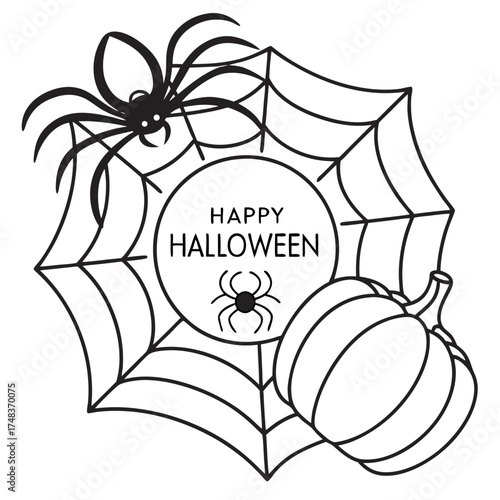 Happy Halloween Vector with Spider Web, Pumpkins, and Spiders – Black and White Halloween Design for Greeting Cards, Posters, and Decorations
