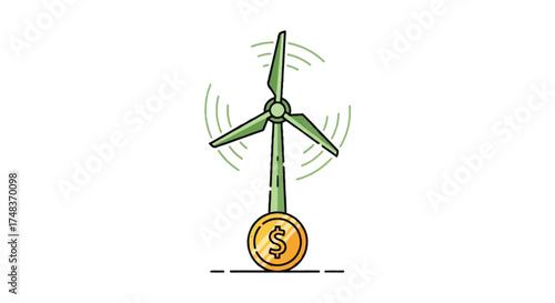 Illustration of a green wind turbine with motion lines and a gold coin with a dollar sign below it on a white background.